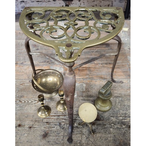 181 - An early 19th century large brass & wrought iron trivet; a brass miniature tilt top table; a pai... 