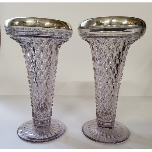 101 - A pair of John Grinsell & Sons silver mounted and hobnail glass trumpet shaped vases, dated 1924... 