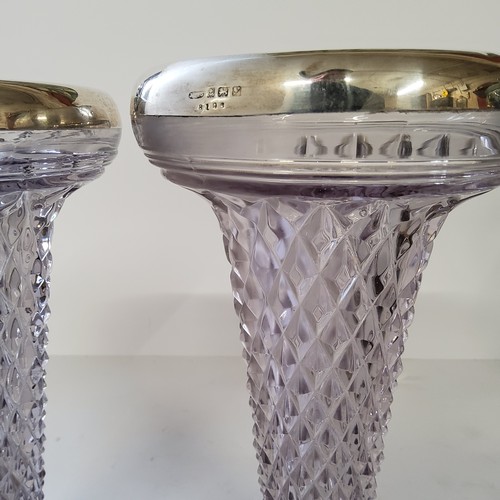 101 - A pair of John Grinsell & Sons silver mounted and hobnail glass trumpet shaped vases, dated 1924... 