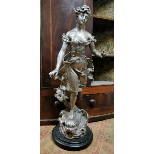 102 - Henryk Kossowski (French, 1855-1921) signed silvered hollow cast bronze sculpture of a maiden, raise... 