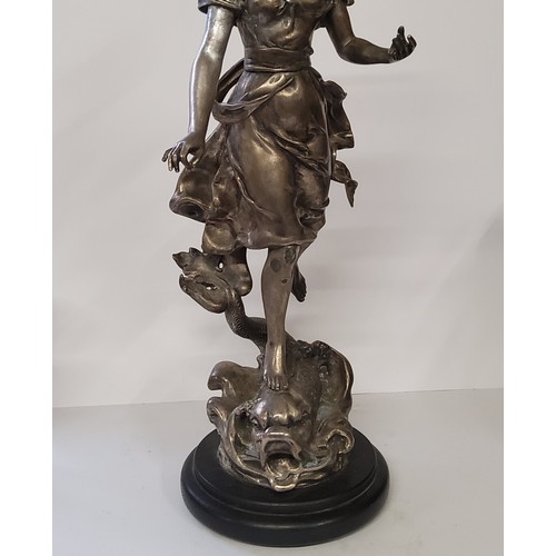 102 - Henryk Kossowski (French, 1855-1921) signed silvered hollow cast bronze sculpture of a maiden, raise... 