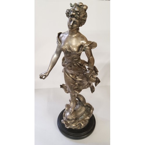 102 - Henryk Kossowski (French, 1855-1921) signed silvered hollow cast bronze sculpture of a maiden, raise... 