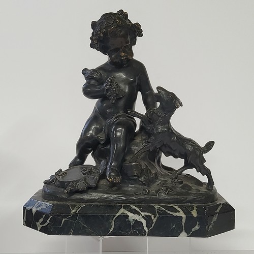 129 - Alfred Boucher (1850 - 1934) French School, Chateau library bronze of a cherub and goat on a Verde a... 