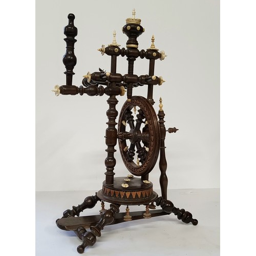 144 - A German miniature turned beech and bone spinning wheel, late 19th c, peddle inscribed Strasbourg, 3... 