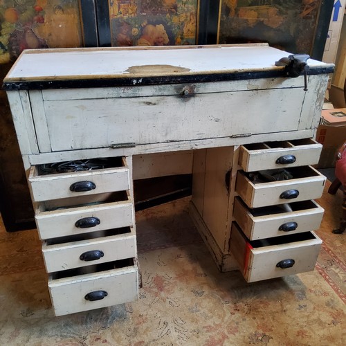 19 - Watchmaker's Tools - an early 20th century painted pine pedestal desk, converted to a workshop bench... 