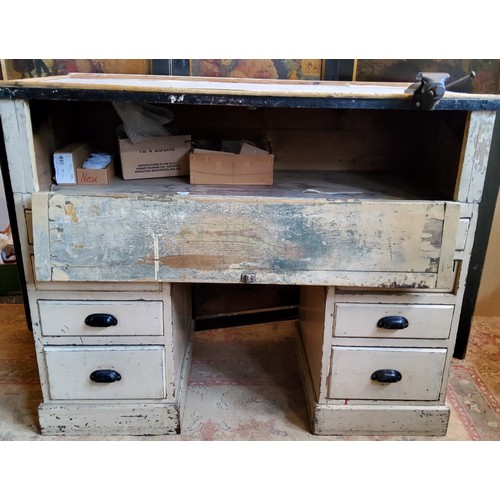 19 - Watchmaker's Tools - an early 20th century painted pine pedestal desk, converted to a workshop bench... 