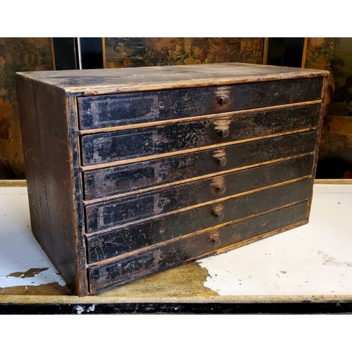 25 - Horology - Watchmaker's Equipment - a large bank of six ebonised workshop drawers, 54cm wide x 33cm ... 