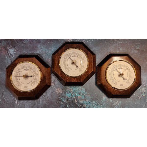 35 - A high gloss mahogany mounted octagonal aneroid barometer, Russell Scientific Instruments; others al... 