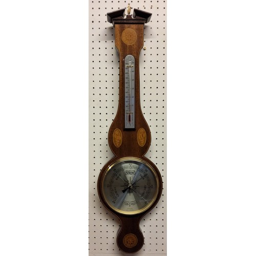 43 - A George III revival Comitti of London, mahogany bango barometer, satin wood inlaid, shell and flowe... 