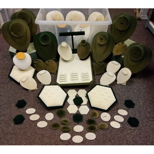 49 - Jeweller's Displays - a large collection of green and cream jewellery stands, plinths, neckline bust... 