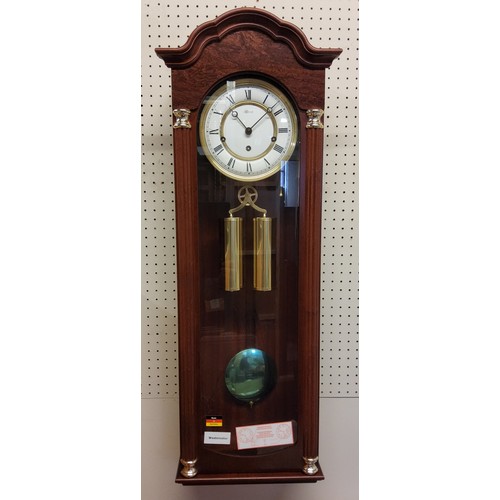 56 - A Hermle Regulator Wall Clock, mahogany finish, 8 Day Movement 4/4 Westminister chime, weights, key ... 