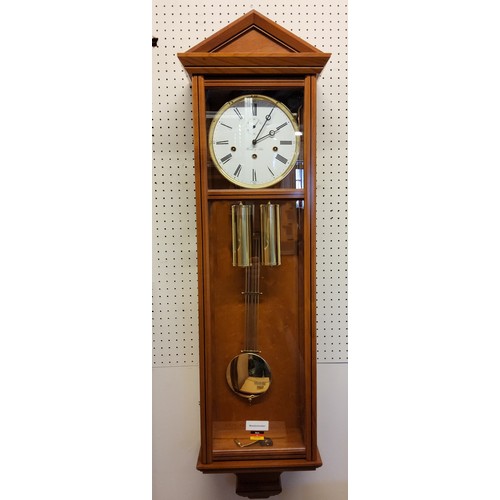 68 - A Hermle & Sohn yew wall clock, regulator, 4/4 Westminster chime (time side cable driven, chime ... 