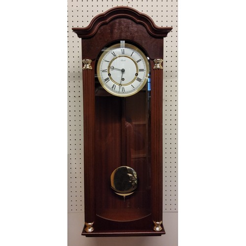 70 - A Hermle Regulator Wall Clock, mahogany finish, 8 Day Movement 4/4 Westminister chime, pendulum, key... 