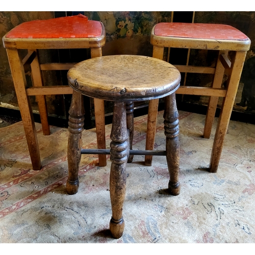 71 - A 19th century elm and Ash workshop stool, well figured with X frame stretcher; a pair of beech work... 