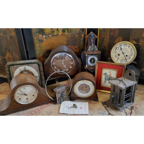 76 - Horology - a Smith's 8-Day mantel clock, twin winder with key; other Art Deco and later examples, ma... 