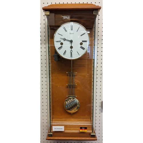 95 - A contemporary Hermle Regulator Wall Clock, Beech finish, 8 Day Movement 4/4 Westminister chime, pen... 