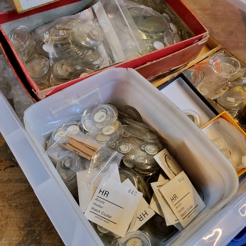 149 - Watch Crystals - a large quantity of BCL and VTF wristwatch crystals and clock dial glasses, boxes, ... 