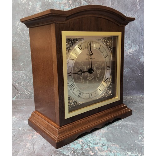 159 - A Fox & Simpson mahogany mantel clock, 8 day movement, silvered engraved dial, black Roman numer... 