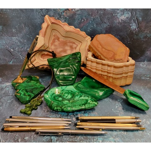 303 - A malachite ashtray;  a similar pen holder;  other malachite;  etc