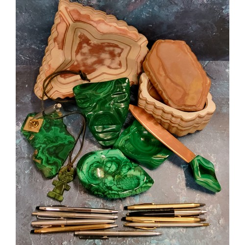 303 - A malachite ashtray;  a similar pen holder;  other malachite;  etc