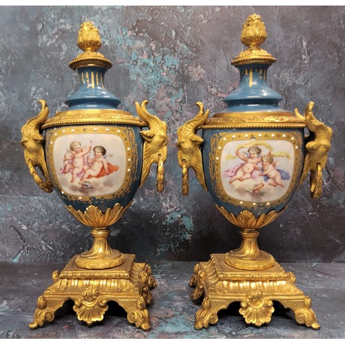 158A - A pair of Louis XVI style gilt metal and porcelain pedestal ovoid side vase, decorated with colourfu... 