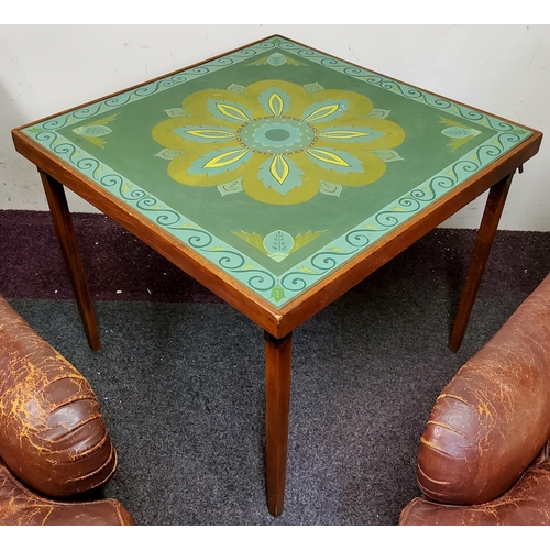 483 - A well painted vintage card table, bold geometric design.Side Note: the legs fold away, therefore co... 