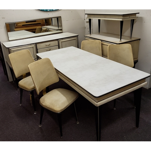 502 - An Italian 1950s dining room suite, metal mounted throughout. Four chairs, table, three sideboards (... 