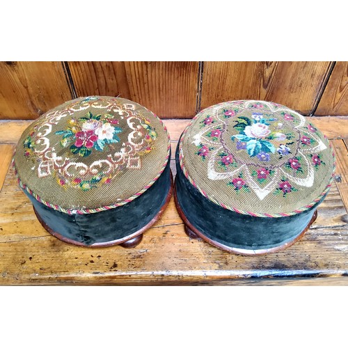 8 - A pair of Victorian mahogany circular foot stools, tapestry tops, green velvet sides, bun feet, 17cm... 