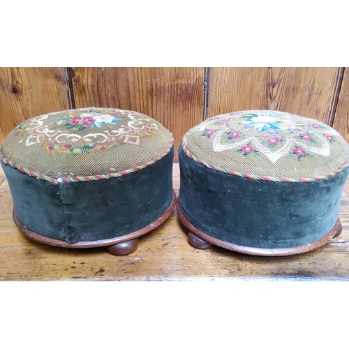 8 - A pair of Victorian mahogany circular foot stools, tapestry tops, green velvet sides, bun feet, 17cm... 