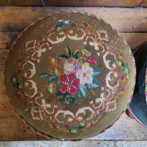 8 - A pair of Victorian mahogany circular foot stools, tapestry tops, green velvet sides, bun feet, 17cm... 