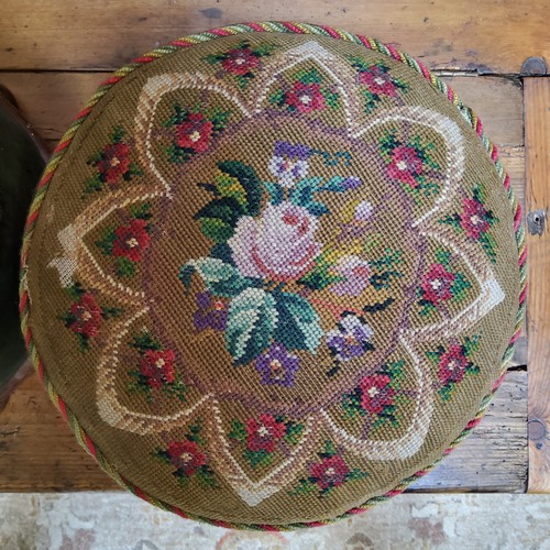 8 - A pair of Victorian mahogany circular foot stools, tapestry tops, green velvet sides, bun feet, 17cm... 