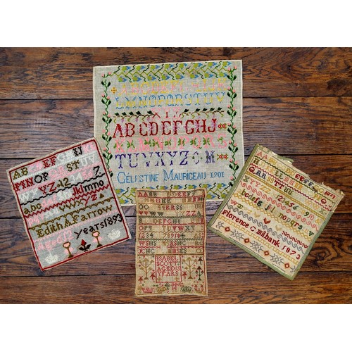 22 - A Victorian needlework sampler, embroidered by Florence C Milbank, 1873. with alphabet, 28cm squared... 