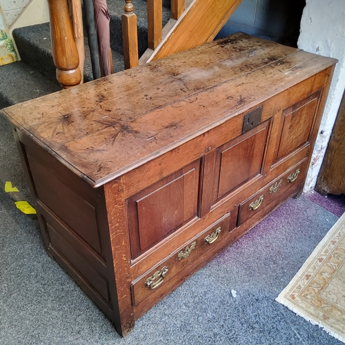 56 - An 18th century oak blanket box, hinged cover, three panelled front, above two drawers, 70cm high, 1... 