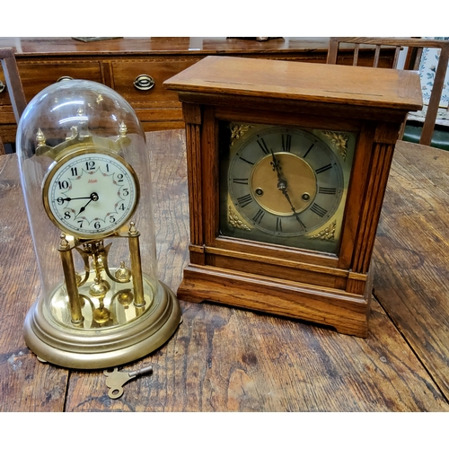 60 - A  German oak  mantel clock, silvered dial, Roman numerals, twin winding holes, 29cm ... 