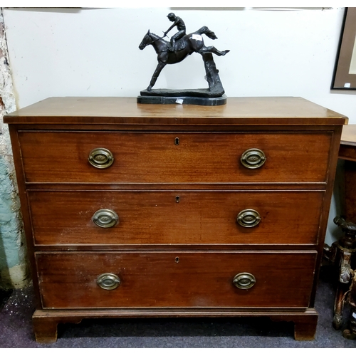 95 - A George III mahogany chest, of three long cock beaded drawers, bracket feet, 88cm high, 104.5cm wid... 