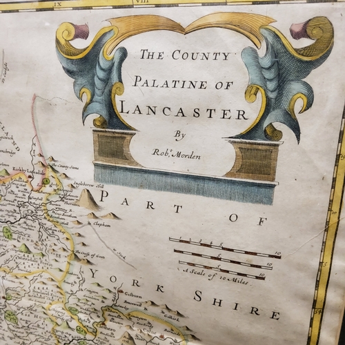 111 - 18th century Robert Morden hand tinted map, The County Palatine of Lancaster, 42.5cm x 37cm; &n... 