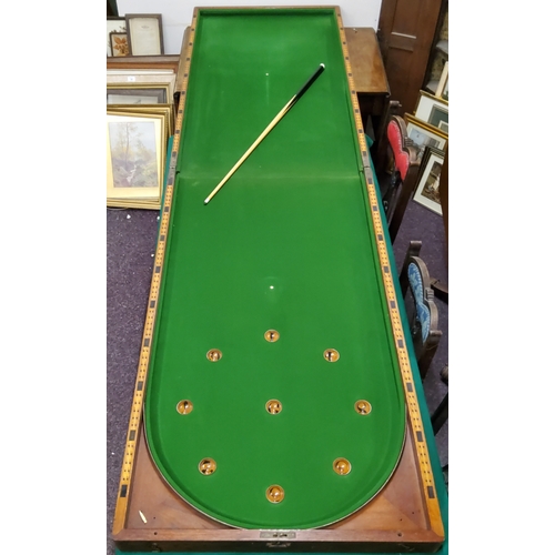 119 - An impressive late 19th century mahogany folding bar billiards game,  with cue, (75cm wide, 136cm wh... 