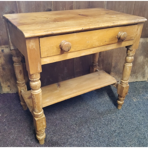 153 - A Victorian pine side table, drawer to frieze, shelf stretcher, turned legs, 76cm high, 77cm deep, 4... 