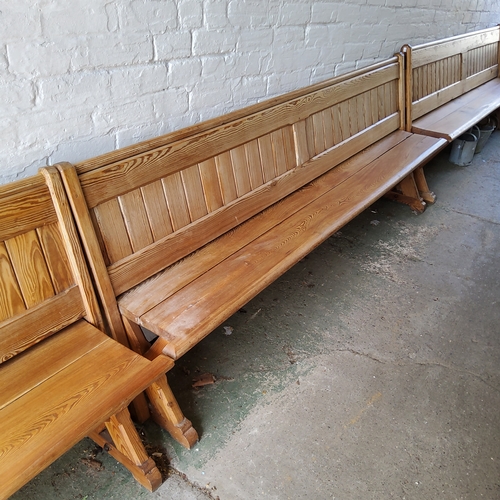 161 - A Victorian pitch pine church pew / tram seat, slatted back, 240cm long, c,1860