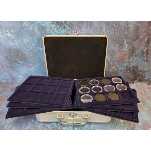 218 - A Leuchtturn aluminium coin collectors case enclosing six coin trays.