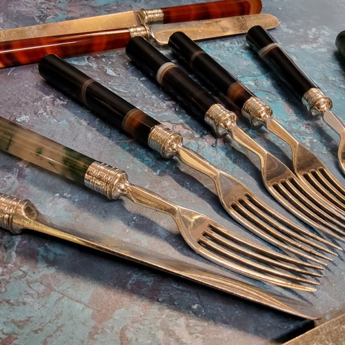 257 - A set of six early Victorian banded and spinach agate hafted close plated dessert  knives and forks,... 