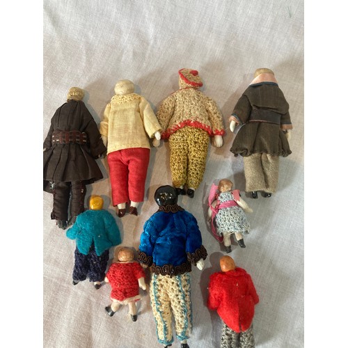 261 - Nine German dolls' house dolls - all bisque and shoulder  head, croquet and felt clothes, ... 