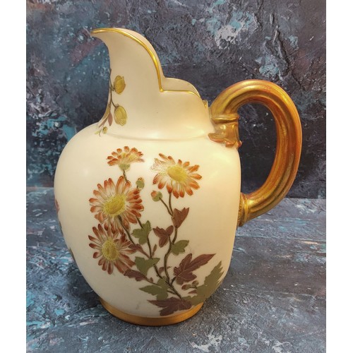 279 - A Royal Worcester blush ivory flat sided jug, printed and painted with wild daisies and clematis on ... 