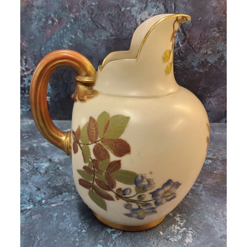 279 - A Royal Worcester blush ivory flat sided jug, printed and painted with wild daisies and clematis on ... 