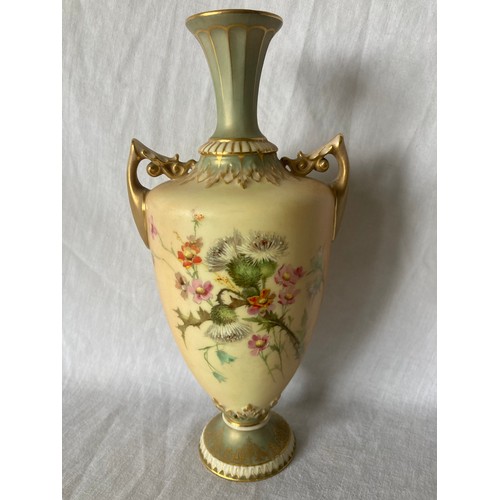 280 - A Royal Worcester two handled pedestal ovoid vase, printed and painted with thistles on a blush ivor... 