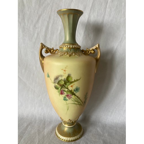 280 - A Royal Worcester two handled pedestal ovoid vase, printed and painted with thistles on a blush ivor... 