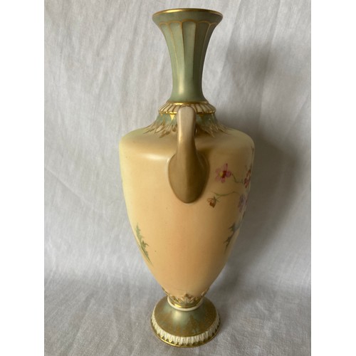 280 - A Royal Worcester two handled pedestal ovoid vase, printed and painted with thistles on a blush ivor... 