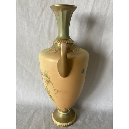 280 - A Royal Worcester two handled pedestal ovoid vase, printed and painted with thistles on a blush ivor... 