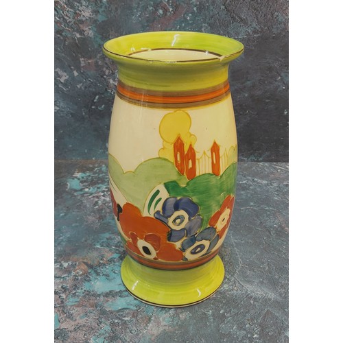 282 - A Clarice Cliff Fantasque Bizarre Alton pattern bowed ovoid vase, painted with a stylised lands... 