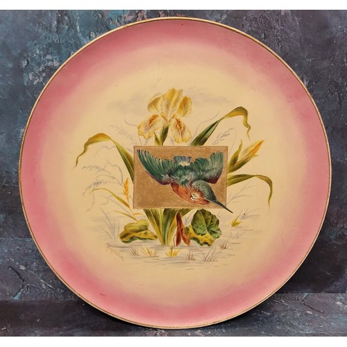 324 - A large Victorian Staffordshire pottery charger, painted by T. Fuglestad, signed, with kingfish... 